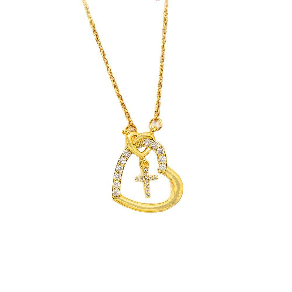 Heart Shape Waterproof Non Tarnish Gold Titanium Steel Necklace With Zircon Inlay And Cable Chain For Women