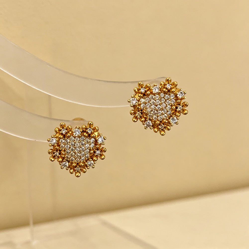 Heart Shape Earrings For Women In Gold Featuring Copper Ear Pins And Zircon Inlay