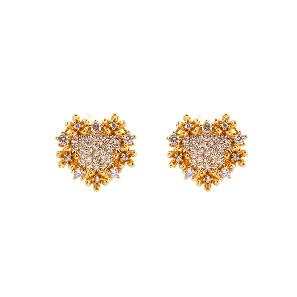 Heart Shape Earrings For Women In Gold Featuring Copper Ear Pins And Zircon Inlay