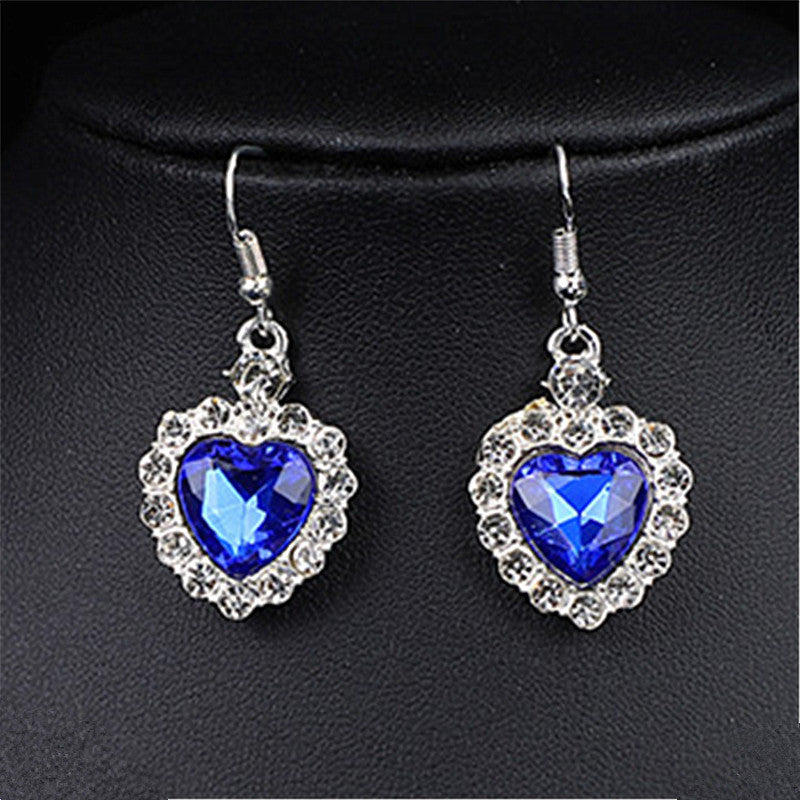 Heart Shape Earrings For Women In Blue Featuring Rhinestones And Zinc Alloy Ear Pins