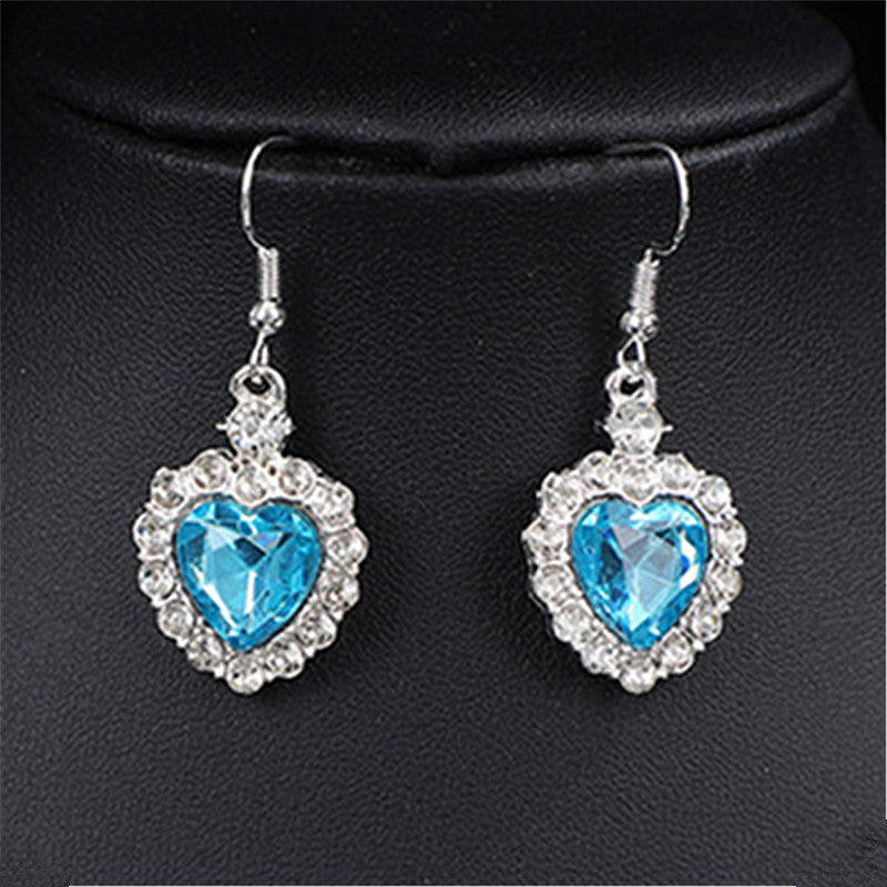 Heart Shape Earrings For Women In Blue Featuring Rhinestones And Zinc Alloy Ear Pins