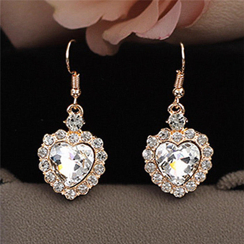 Heart Shape Earrings For Women In Blue Featuring Rhinestones And Zinc Alloy Ear Pins