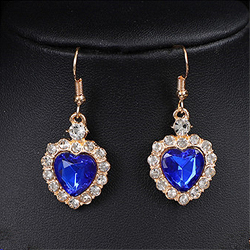 Heart Shape Earrings For Women In Blue Featuring Rhinestones And Zinc Alloy Ear Pins