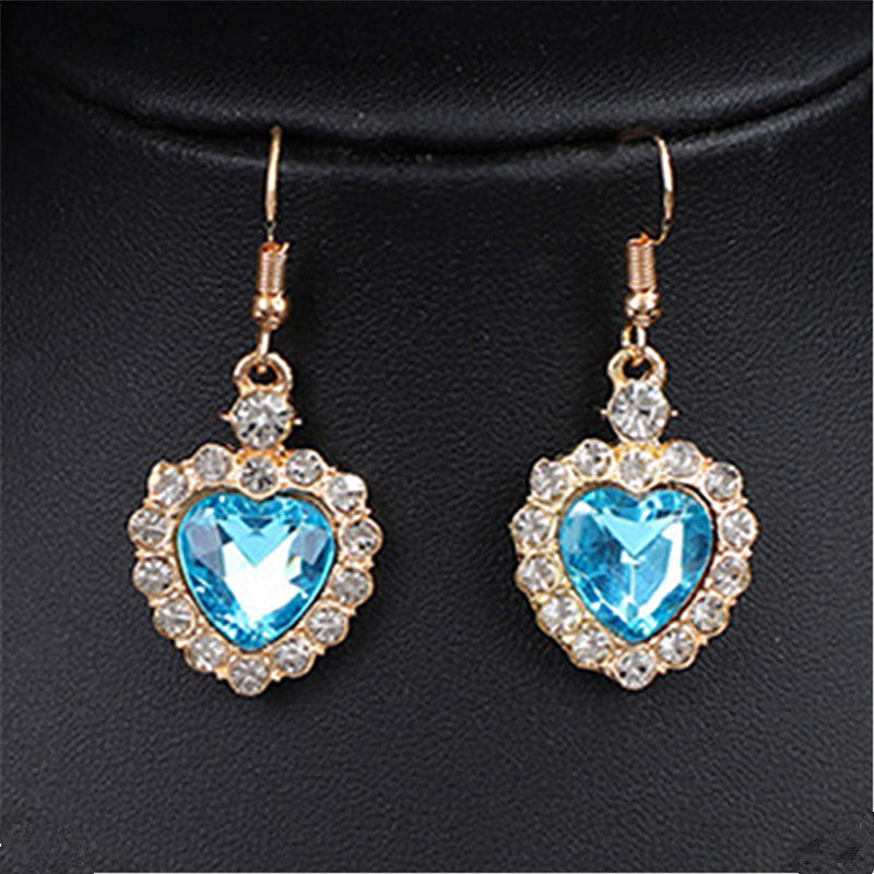 Heart Shape Earrings For Women In Blue Featuring Rhinestones And Zinc Alloy Ear Pins