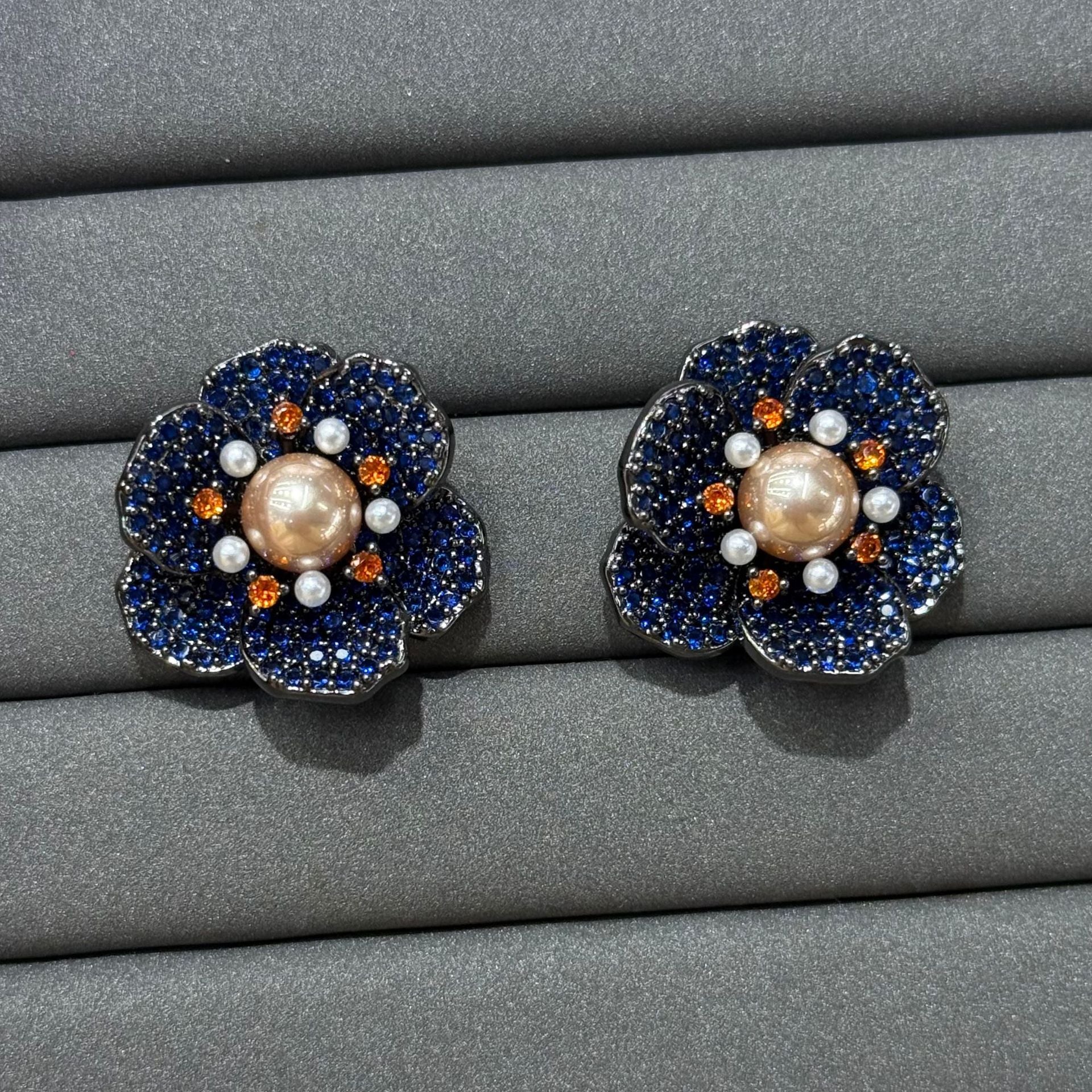 Blue Flowers Earrings For Women In Copper With Electroplated Finish And 925 Sterling Silver Ear Pins