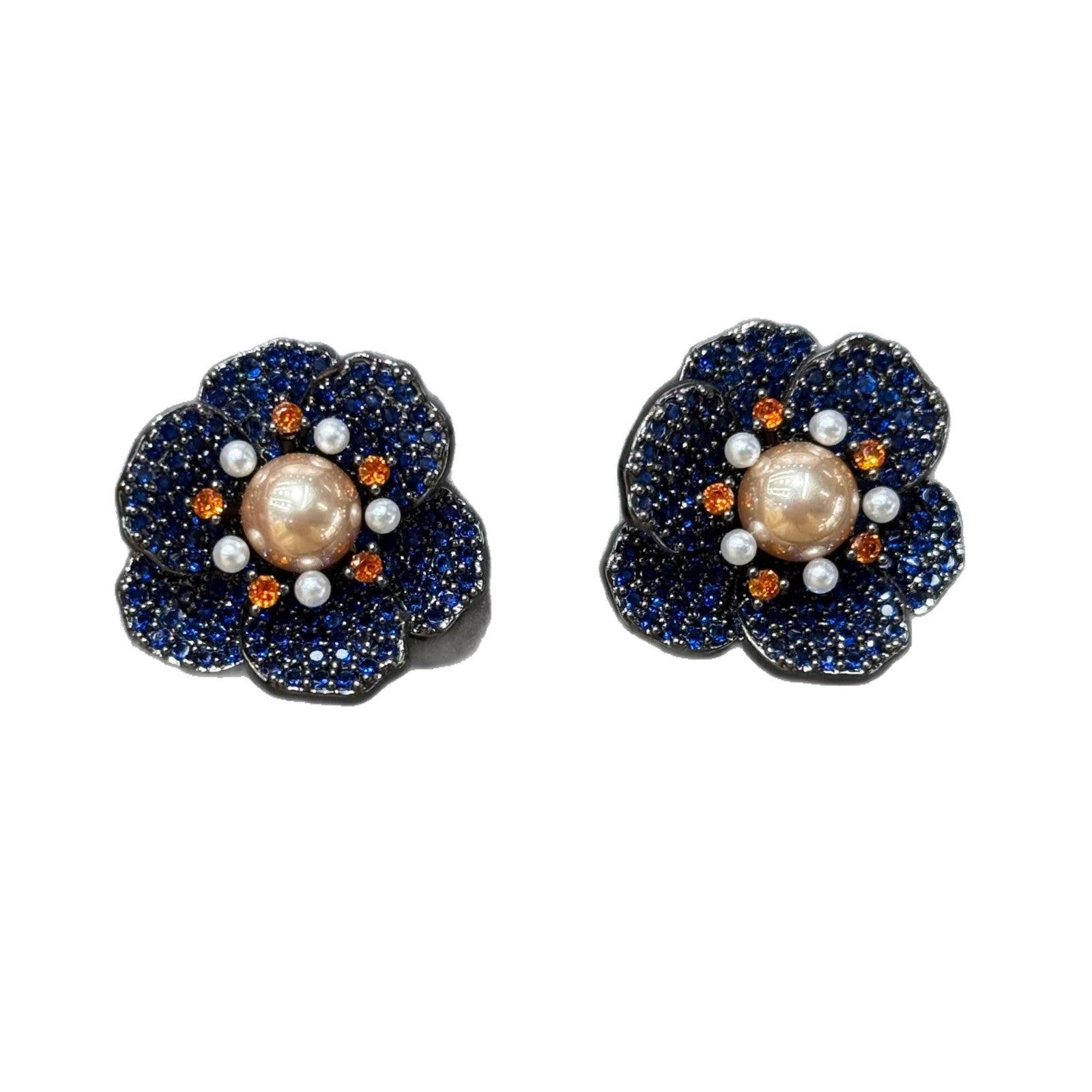 Blue Flowers Earrings For Women In Copper With Electroplated Finish And 925 Sterling Silver Ear Pins