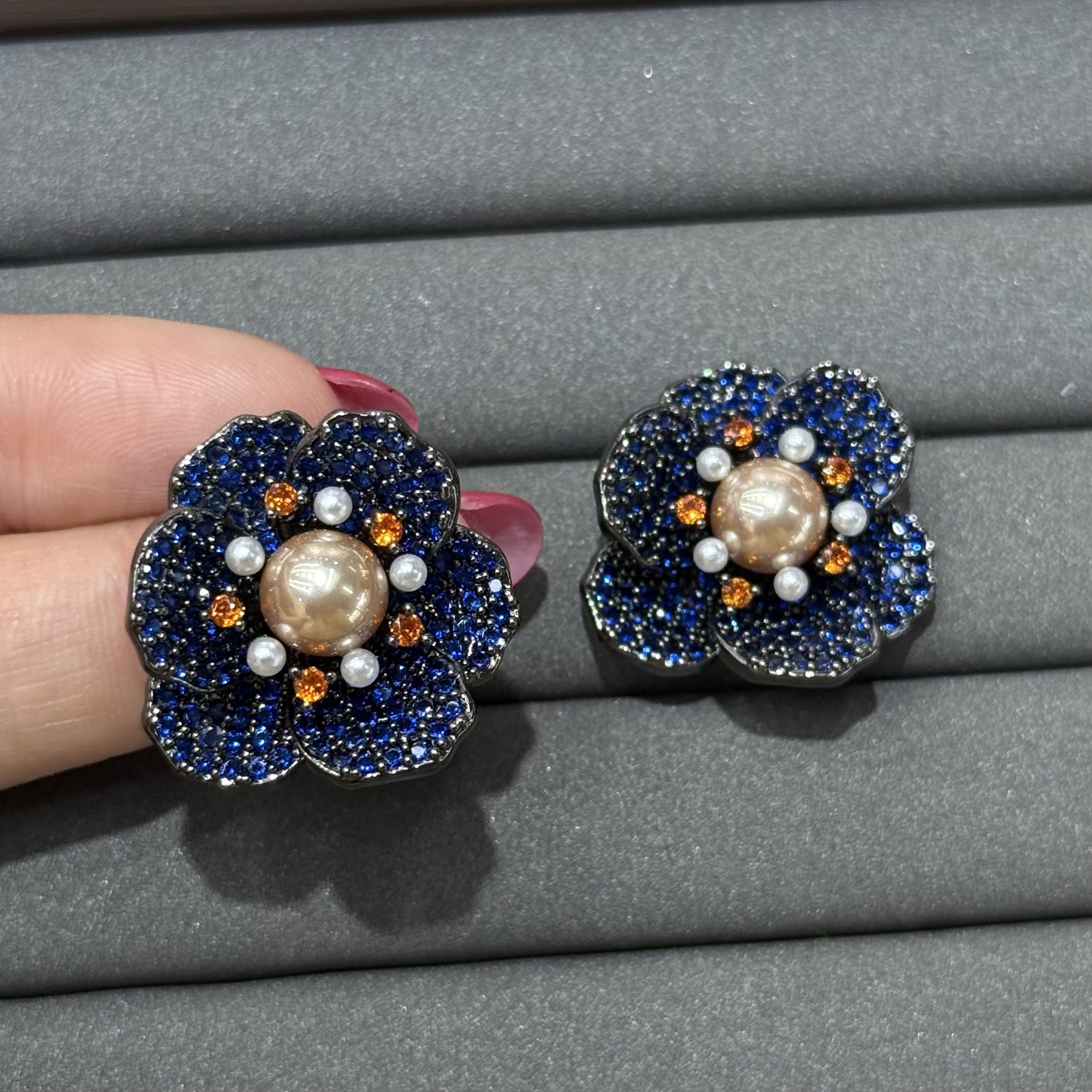 Blue Flowers Earrings For Women In Copper With Electroplated Finish And 925 Sterling Silver Ear Pins