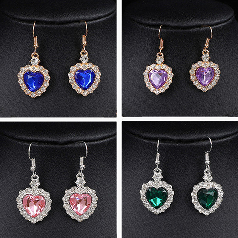 Heart Shape Earrings For Women In Blue Featuring Rhinestones And Zinc Alloy Ear Pins