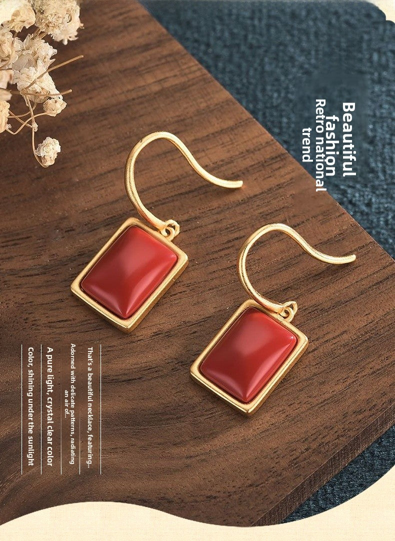 Geometric Earrings For Women In Gold Featuring Brass Material With Golden Plated Finish And Carnelian Inlay