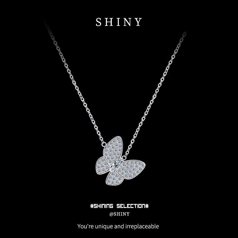Butterfly Pendant Necklace In Silver With Moissanite Inlay, 925 Sterling Silver Chain And Pendant For Women