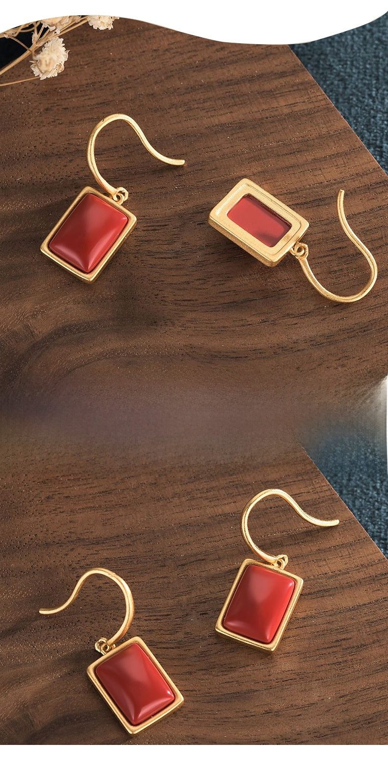 Geometric Earrings For Women In Gold Featuring Brass Material With Golden Plated Finish And Carnelian Inlay