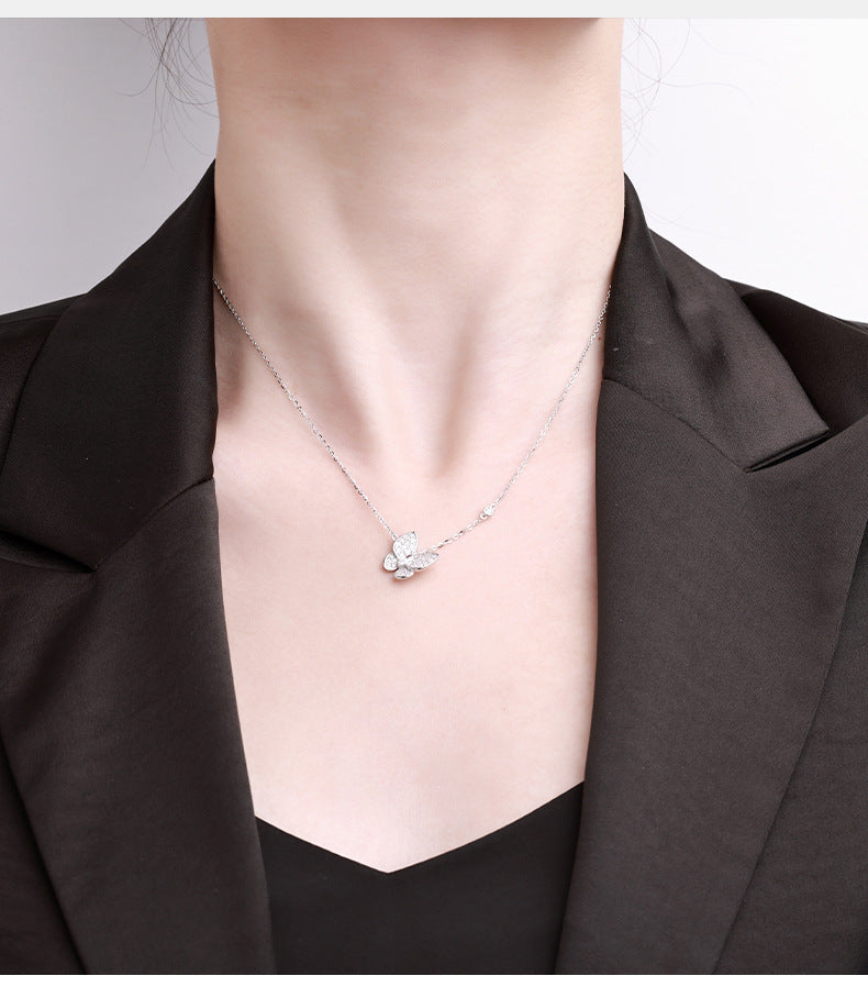 Butterfly Pendant Necklace In Silver With Moissanite Inlay, 925 Sterling Silver Chain And Pendant For Women