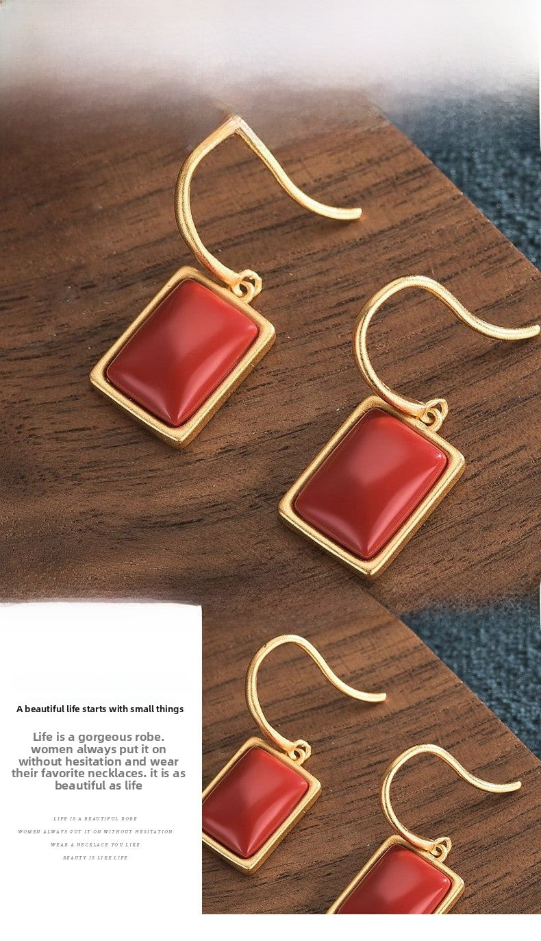 Geometric Earrings For Women In Gold Featuring Brass Material With Golden Plated Finish And Carnelian Inlay