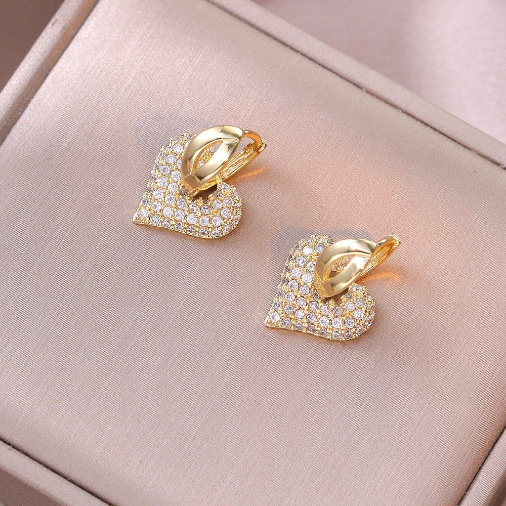 Heart Shape Earrings For Women Featuring Brushed Gold Alloy With Copper Ear Pins And Rhinestone Inlay