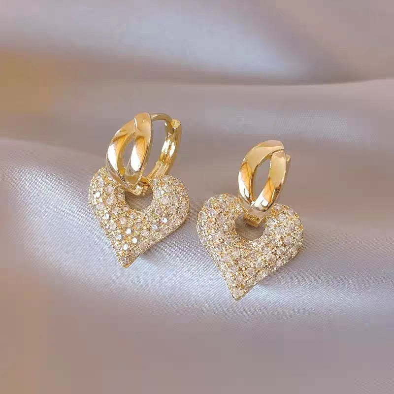 Heart Shape Earrings For Women Featuring Brushed Gold Alloy With Copper Ear Pins And Rhinestone Inlay