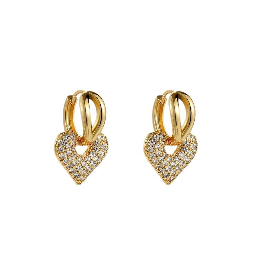 Heart Shape Earrings For Women Featuring Brushed Gold Alloy With Copper Ear Pins And Rhinestone Inlay