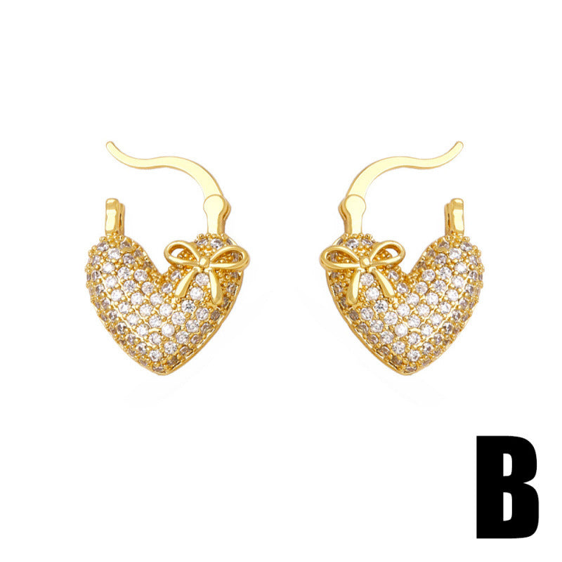 Heart Shape Earrings For Women In Gold Featuring Copper Ear Pins And Zircon Inlay Material