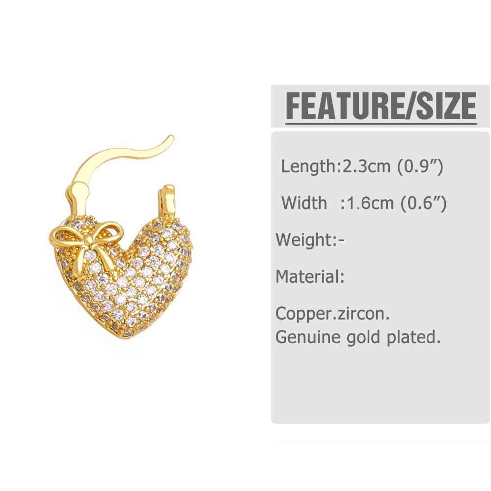 Heart Shape Earrings For Women In Gold Featuring Copper Ear Pins And Zircon Inlay Material
