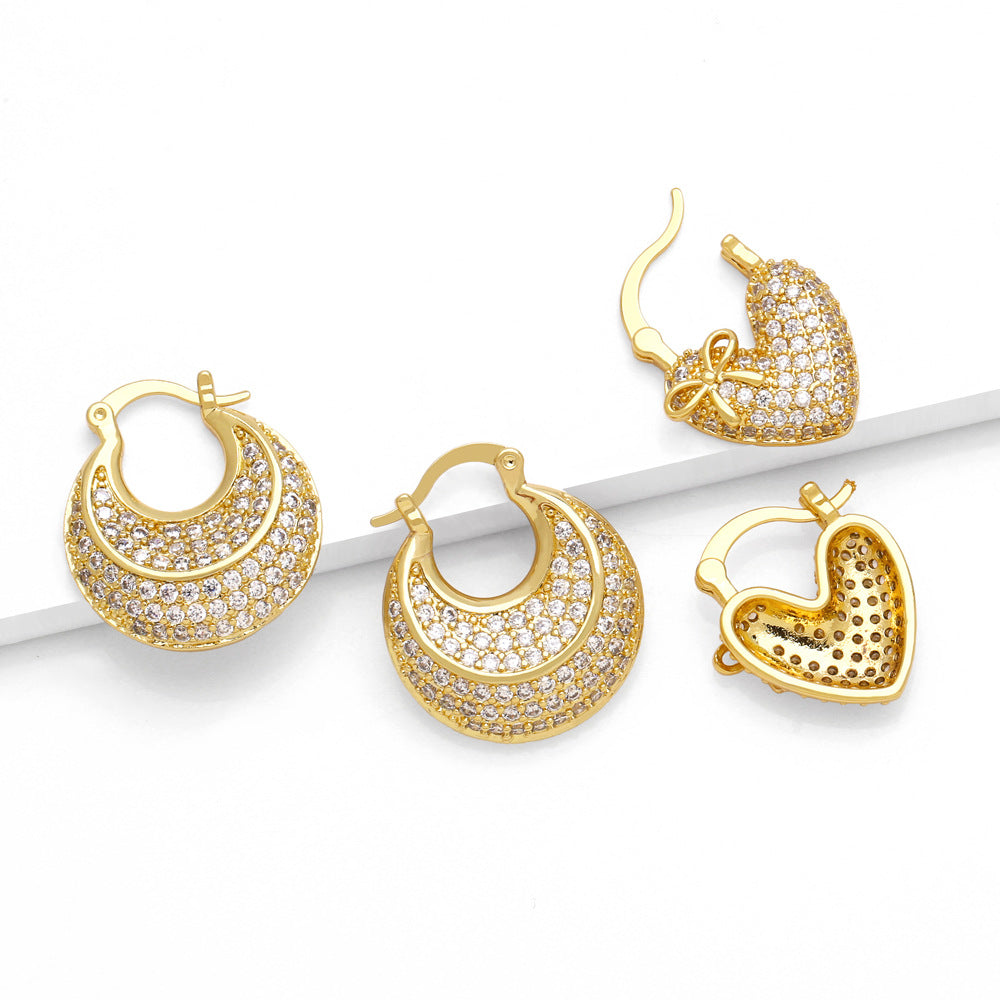 Heart Shape Earrings For Women In Gold Featuring Copper Ear Pins And Zircon Inlay Material