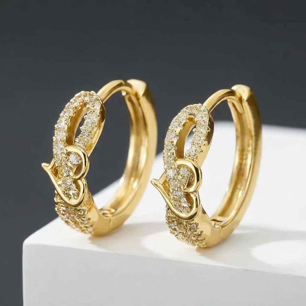 Heart Shape Earrings For Women With Copper Posts, Sweet Style Featuring Electroplated Gold And Zircon Inlay