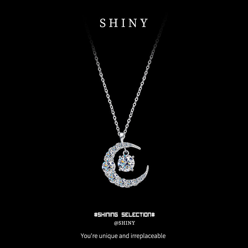 0.5ct Moissanite Moon Necklace For Women In 925 Sterling Silver, Perfect For Wedding