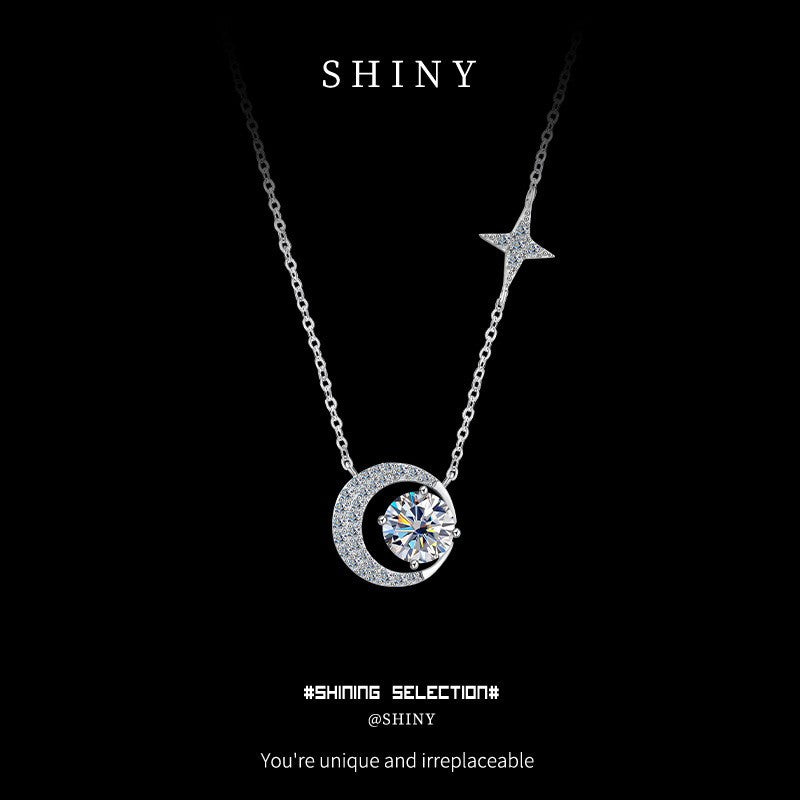 0.5ct Moissanite Moon Necklace For Women In 925 Sterling Silver, Perfect For Wedding