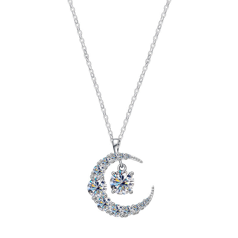 0.5ct Moissanite Moon Necklace For Women In 925 Sterling Silver, Perfect For Wedding