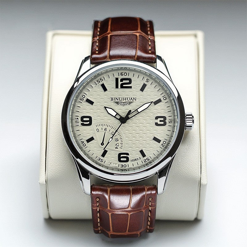 Men's Quartz Watch With Round Dial And Quartz Glass Mirror Featuring Imitation Leather Strap And Pin Buckle