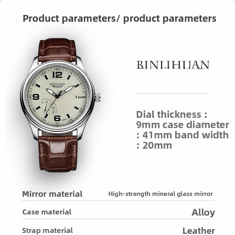 Men's Quartz Watch With Round Dial And Quartz Glass Mirror Featuring Imitation Leather Strap And Pin Buckle