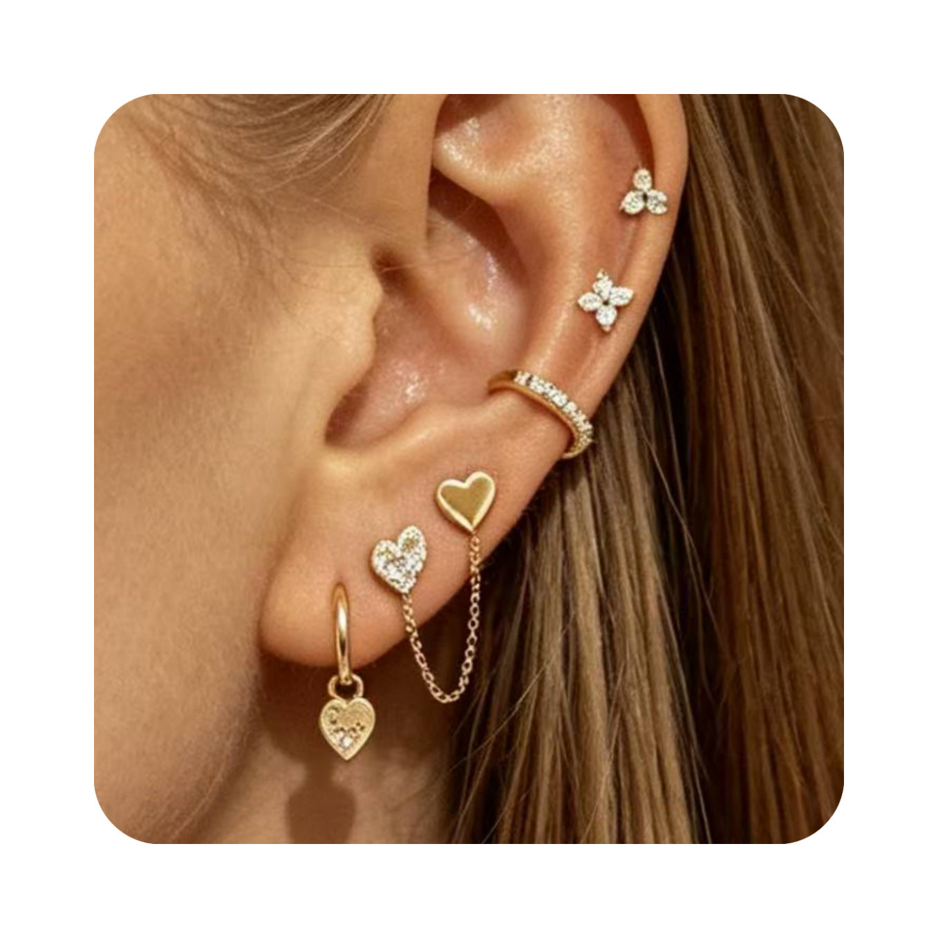Heart Shape Earrings For Women, 5 Pieces Set Featuring Gold Copper Material With Zircon Inlay