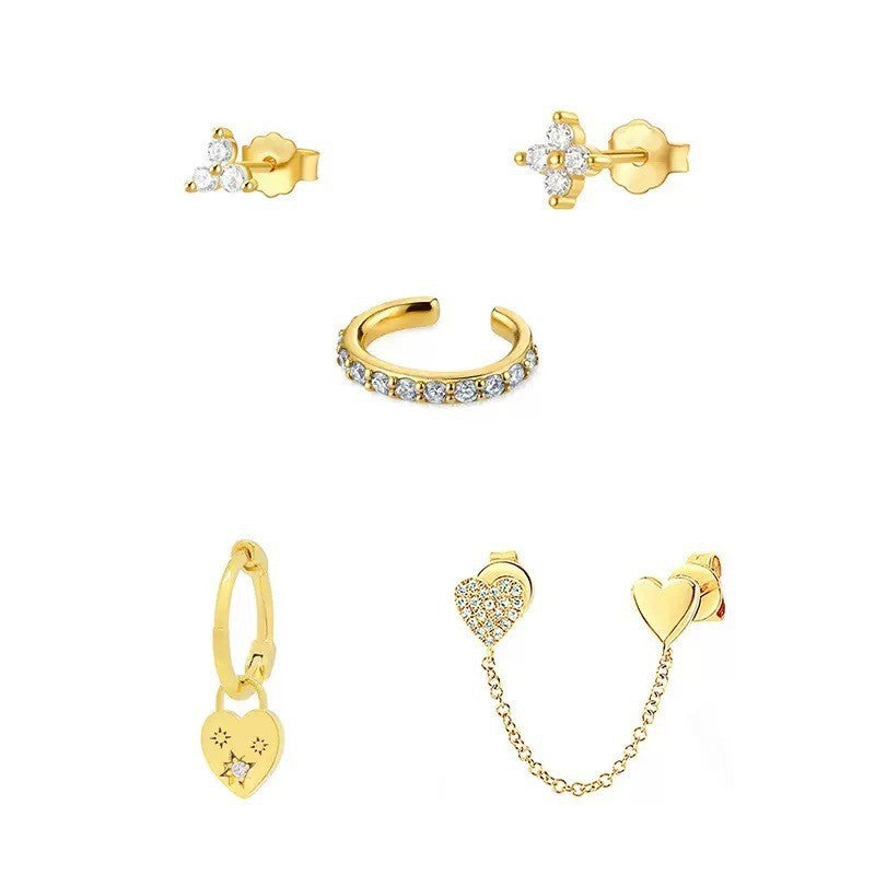 Heart Shape Earrings For Women, 5 Pieces Set Featuring Gold Copper Material With Zircon Inlay
