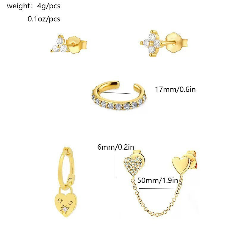 Heart Shape Earrings For Women, 5 Pieces Set Featuring Gold Copper Material With Zircon Inlay