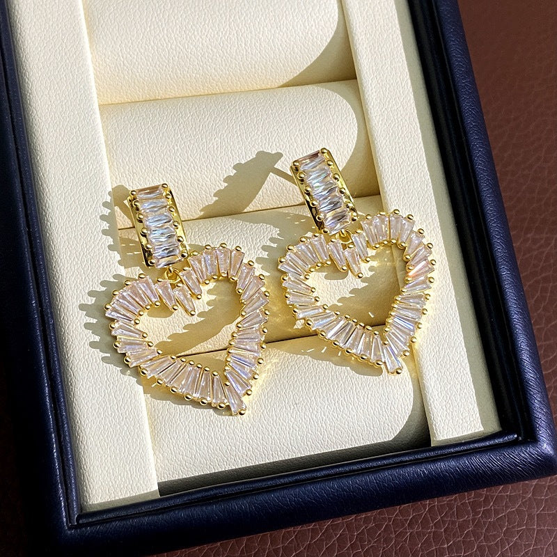 Heart Shape Copper Earrings With Zircon Inlay, Exaggerated Style For Women