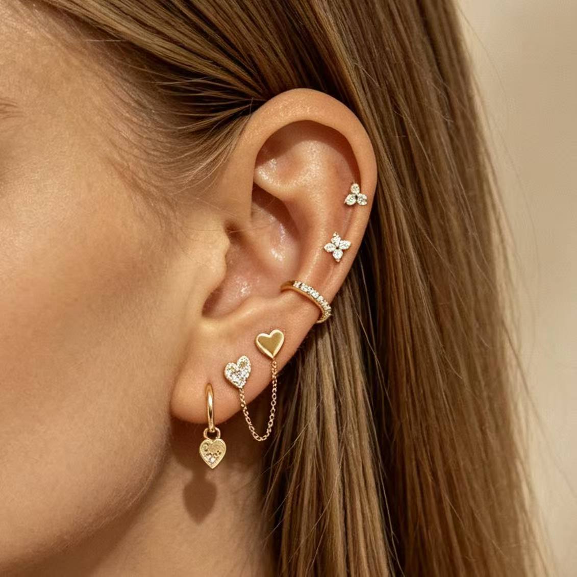 Heart Shape Earrings For Women, 5 Pieces Set Featuring Gold Copper Material With Zircon Inlay
