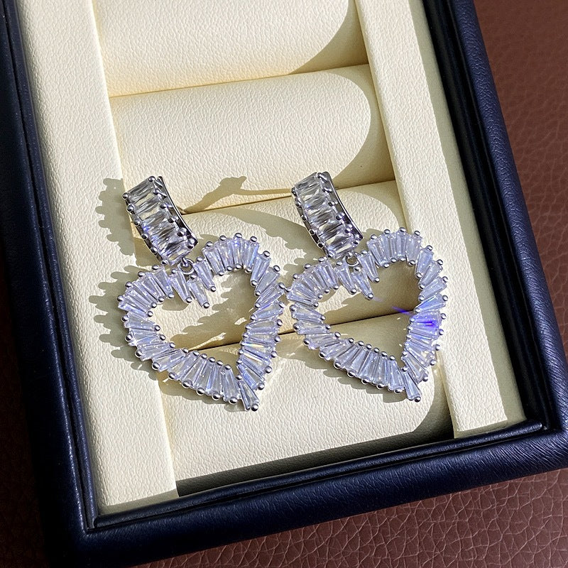 Heart Shape Copper Earrings With Zircon Inlay, Exaggerated Style For Women