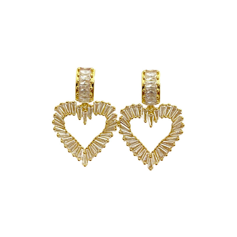 Heart Shape Copper Earrings With Zircon Inlay, Exaggerated Style For Women