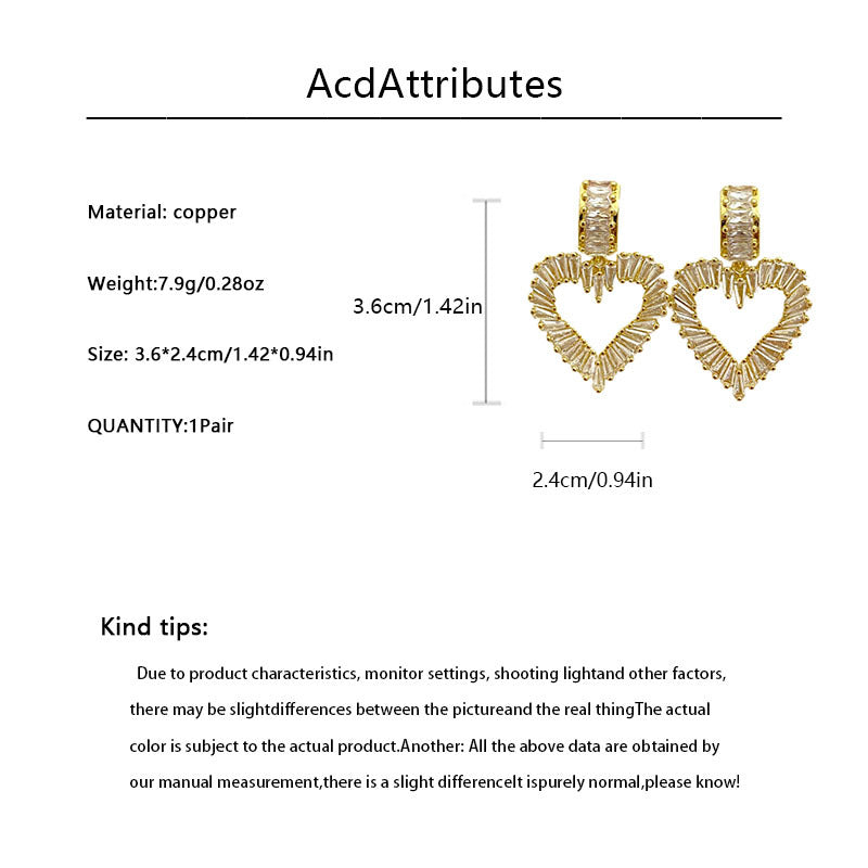 Heart Shape Copper Earrings With Zircon Inlay, Exaggerated Style For Women
