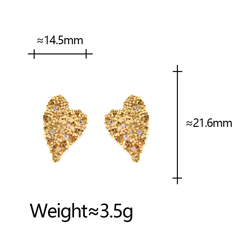 Heart Shape Copper Stud Earrings For Women With Zircon Inlay In Gold