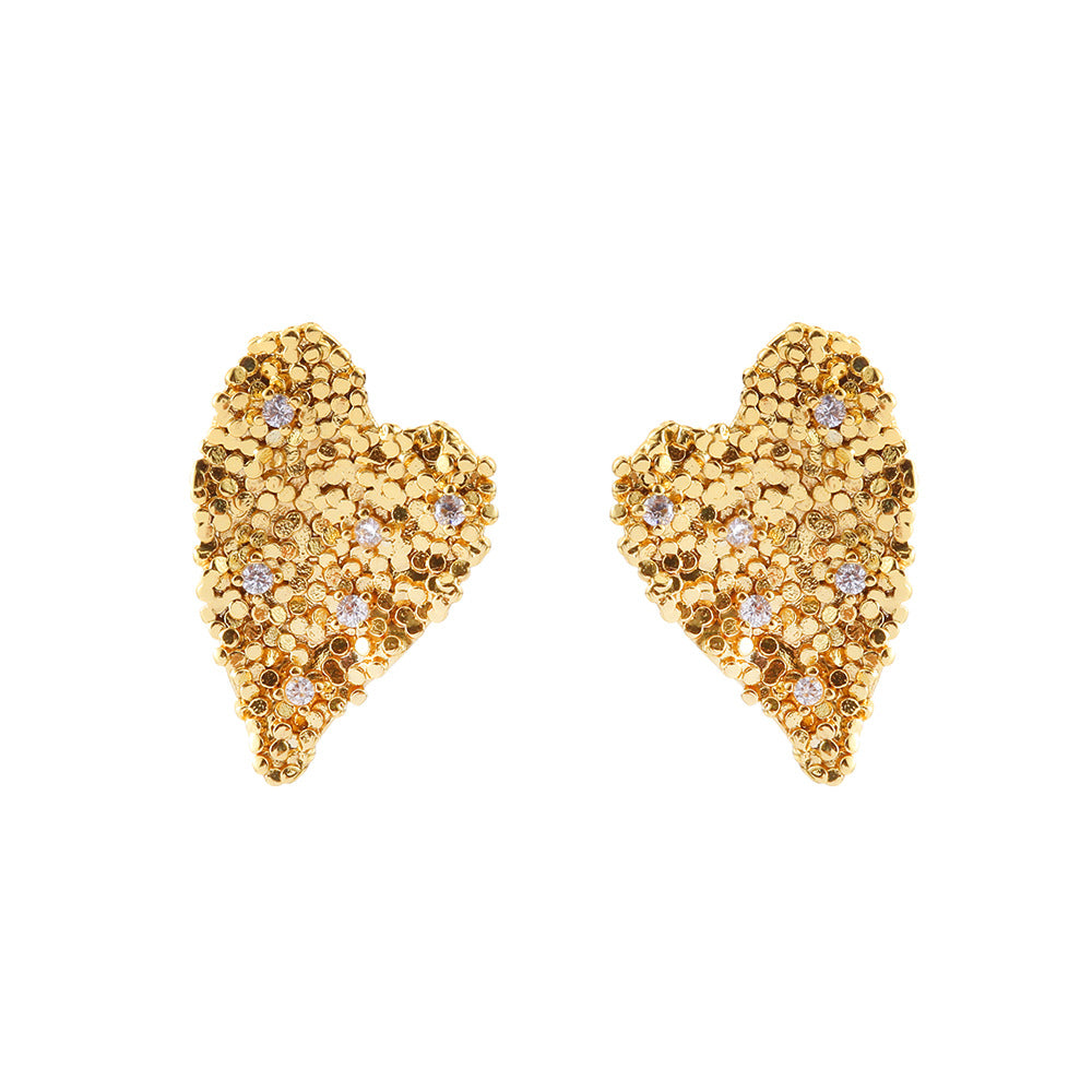 Heart Shape Copper Stud Earrings For Women With Zircon Inlay In Gold
