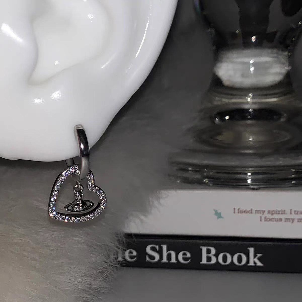 Heart Shape Hoop Earrings For Women In Silver Copper With Rhinestone Inlay