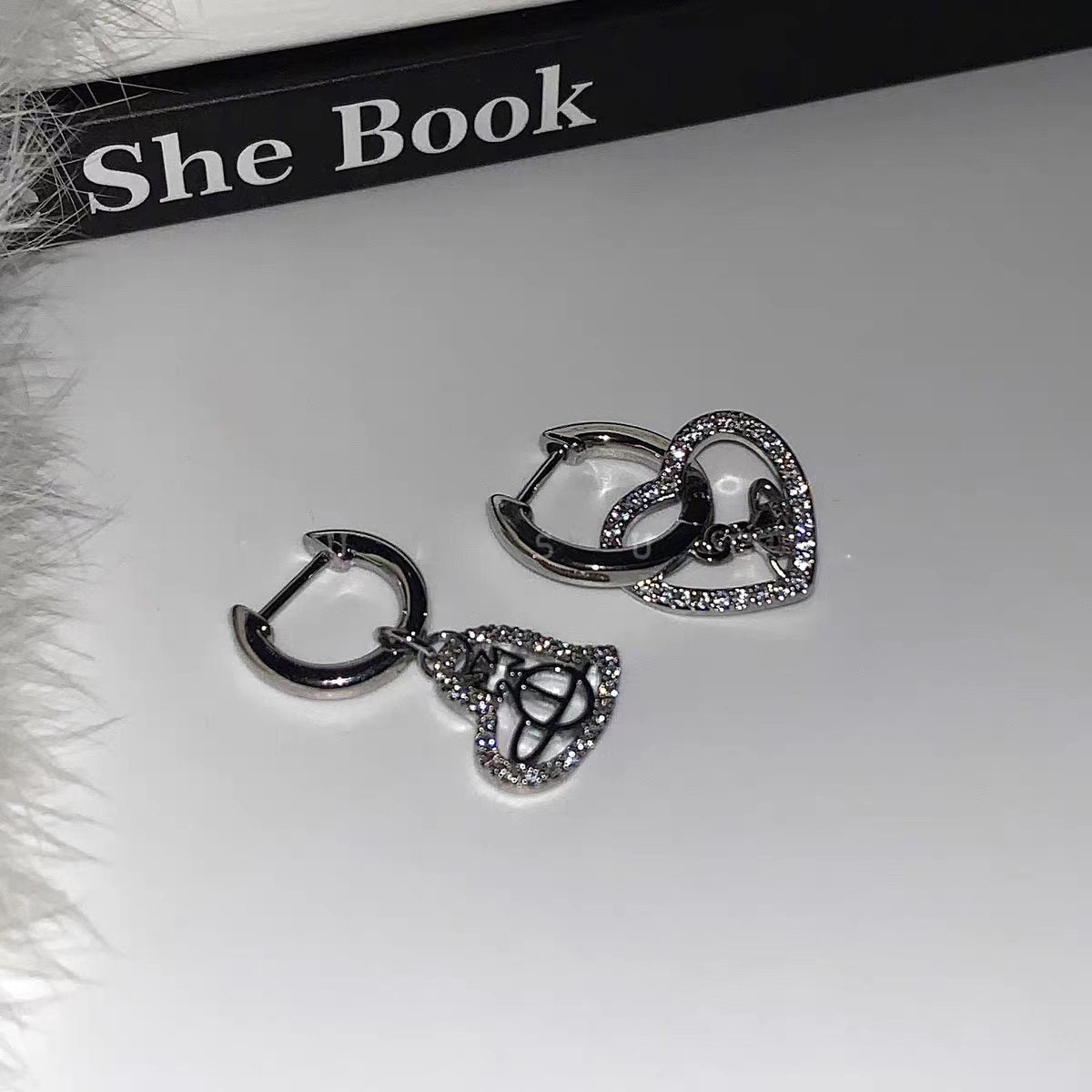 Heart Shape Hoop Earrings For Women In Silver Copper With Rhinestone Inlay