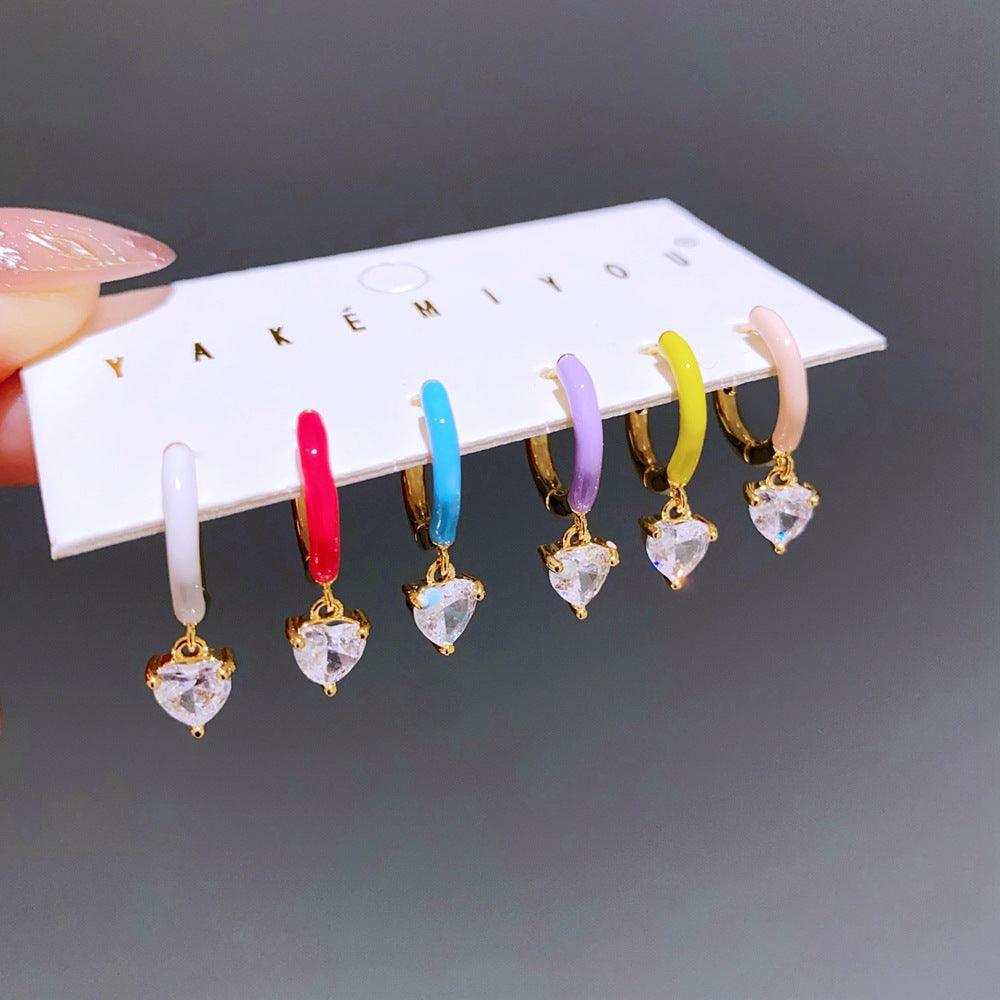 Heart Shape Earrings For Women, 6 Pieces Real Gold Plated Enamel Earrings Featuring Zircon Inlay