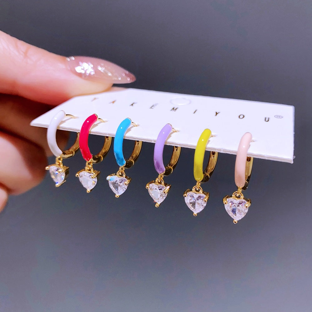 Heart Shape Earrings For Women, 6 Pieces Real Gold Plated Enamel Earrings Featuring Zircon Inlay