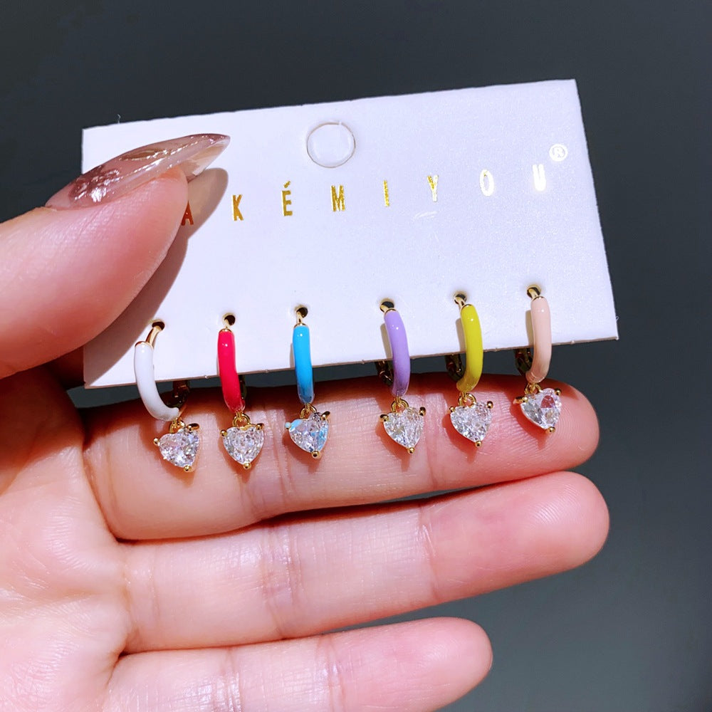 Heart Shape Earrings For Women, 6 Pieces Real Gold Plated Enamel Earrings Featuring Zircon Inlay