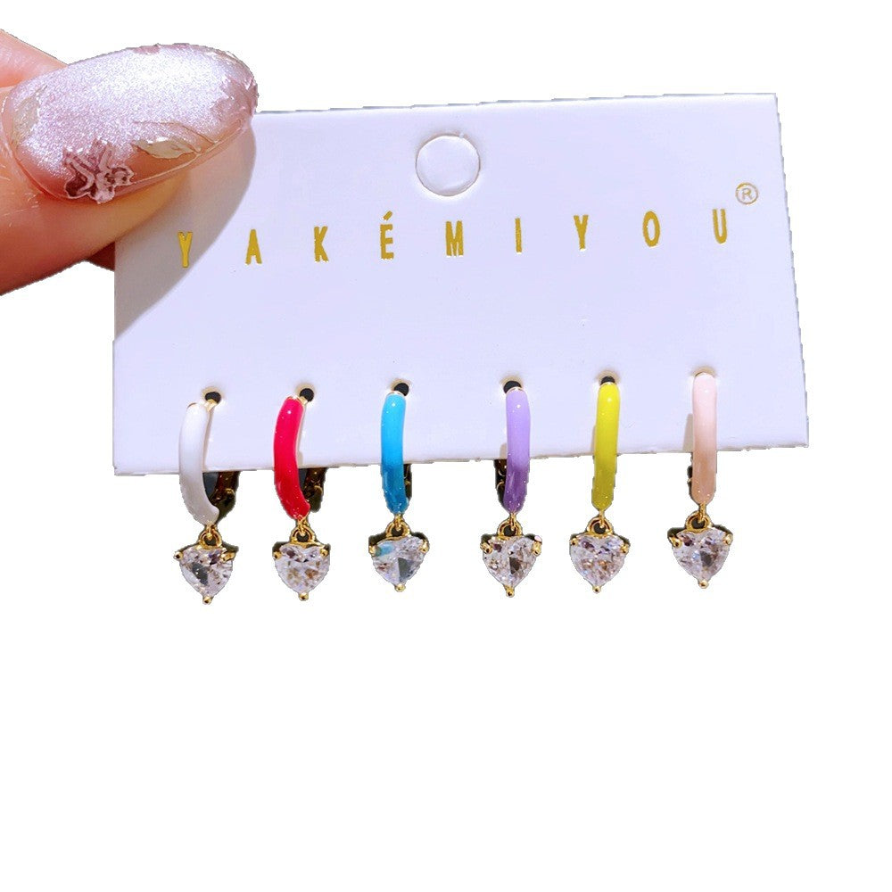 Heart Shape Earrings For Women, 6 Pieces Real Gold Plated Enamel Earrings Featuring Zircon Inlay