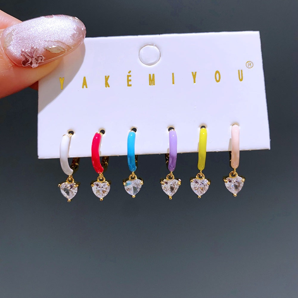 Heart Shape Earrings For Women, 6 Pieces Real Gold Plated Enamel Earrings Featuring Zircon Inlay