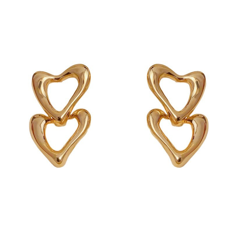 Double Heart Tassel Drop Earrings In Copper With Real Gold Plated Finish, Simple Style For Women