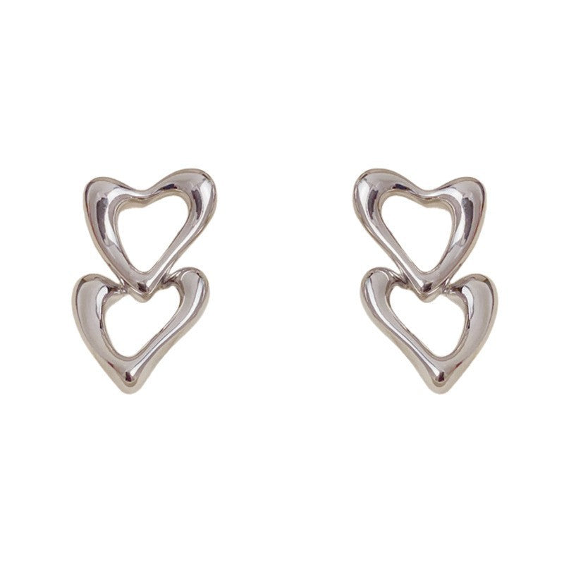 Double Heart Tassel Drop Earrings In Copper With Real Gold Plated Finish, Simple Style For Women