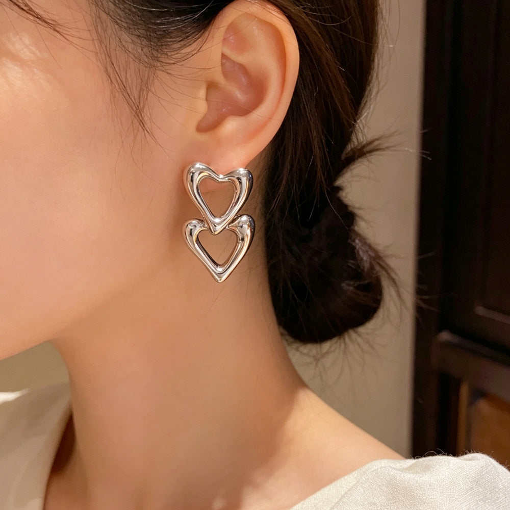 Double Heart Tassel Drop Earrings In Copper With Real Gold Plated Finish, Simple Style For Women