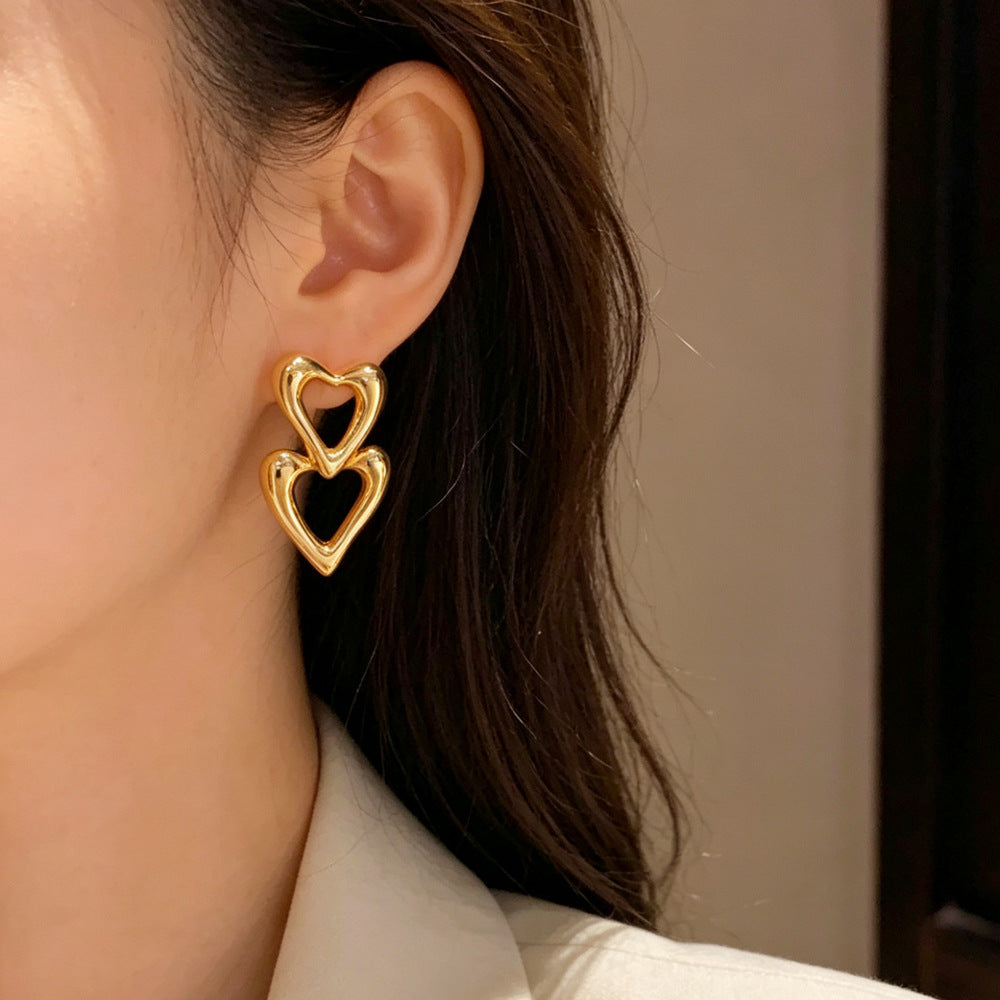 Double Heart Tassel Drop Earrings In Copper With Real Gold Plated Finish, Simple Style For Women
